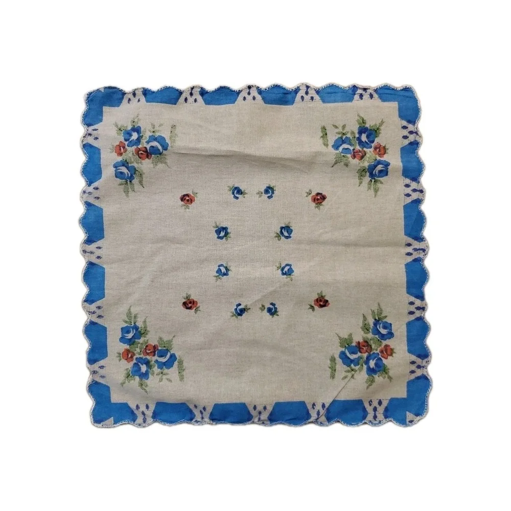 Linen‎ Blue Rose Floral Handkerchief Scalloped Cottage Core Bridesmaid Granny